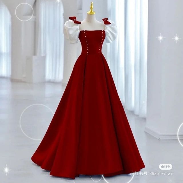 Puff-Sleeve Two Tone Bow A-Line Evening Gown - Wine Red