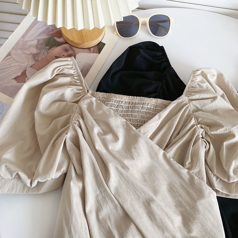 Puff Sleeve V-Neck Plain Ruched Blouse