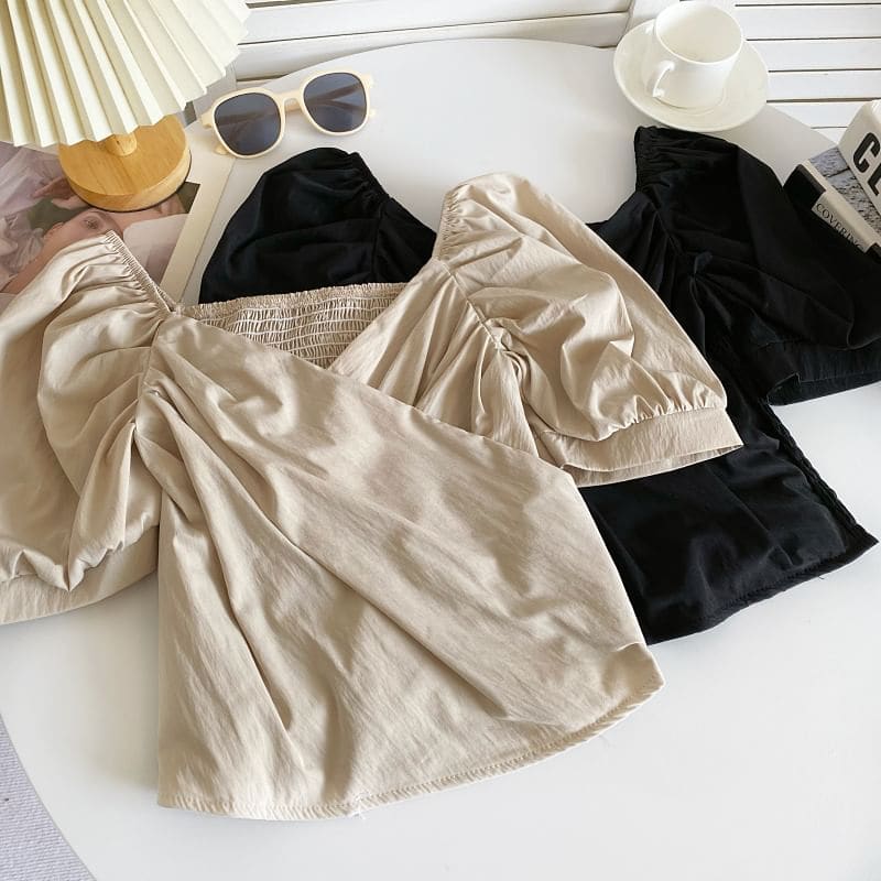 Puff Sleeve V-Neck Plain Ruched Blouse