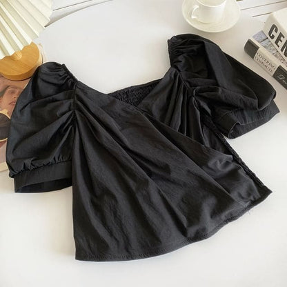 Puff Sleeve V-Neck Plain Ruched Blouse - Black / One Size