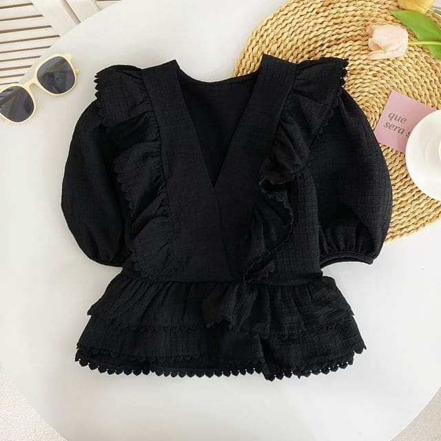 Puff Sleeve V-Neck Plain Ruffle Blouse - Black / One Size