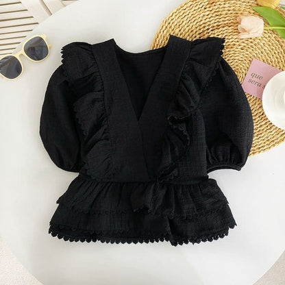 Puff Sleeve V-Neck Plain Ruffle Blouse - Black / One Size