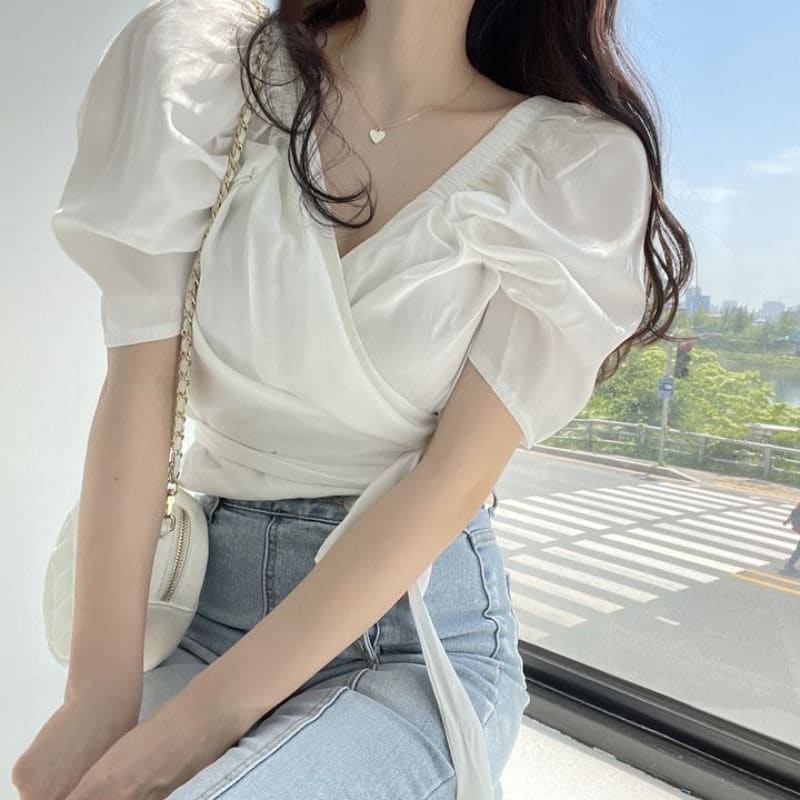 Puff-Sleeve V-Neck Plain Wrap Blouse