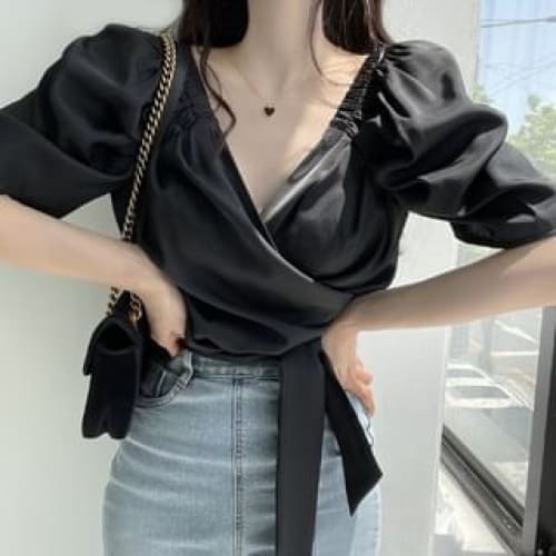 Puff-Sleeve V-Neck Plain Wrap Blouse - Black / One Size