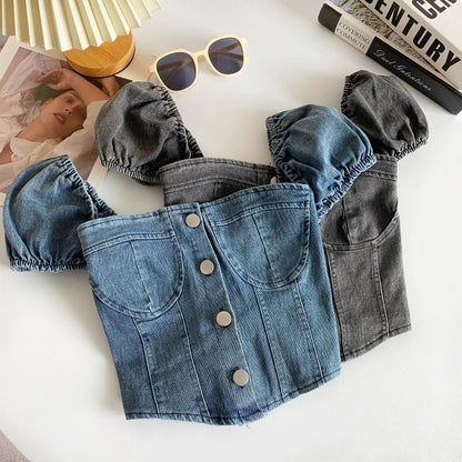 Puff-Sleeve Washed Denim Button Crop Top