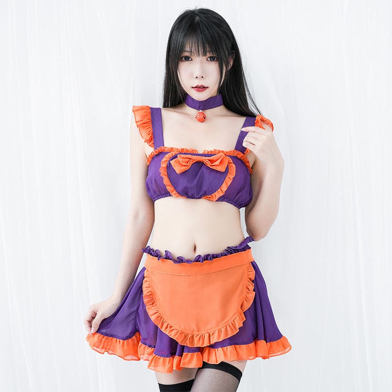 Pumpkin Bell Bow Decor Chiffon Maid Lingerie Set - Purple