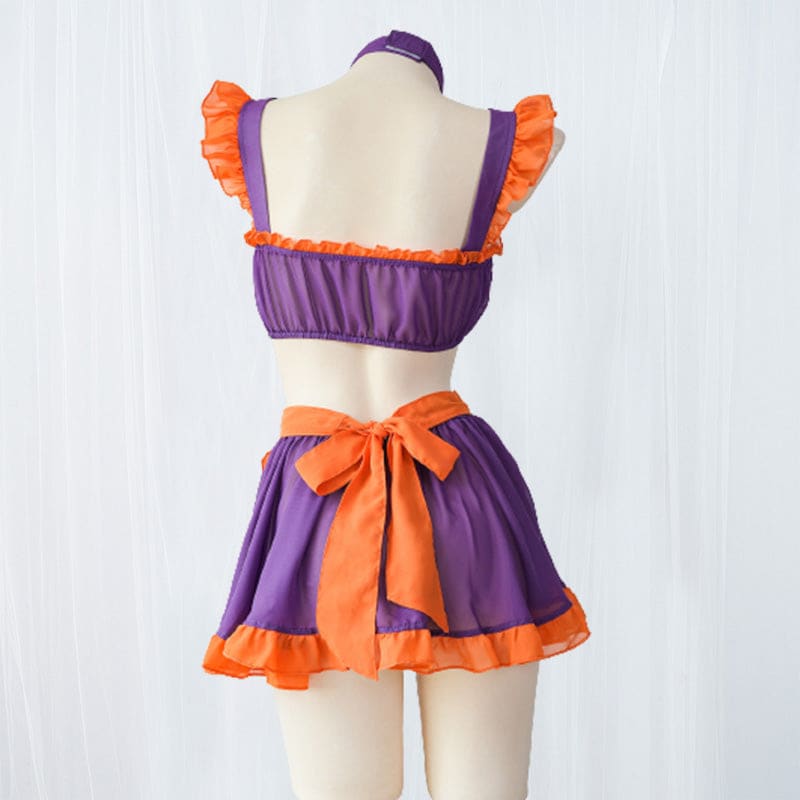 Pumpkin Bell Bow Decor Chiffon Maid Lingerie Set - Purple