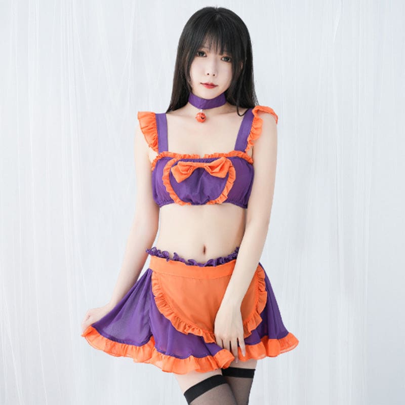 Pumpkin Bell Bow Decor Chiffon Maid Lingerie Set - Purple