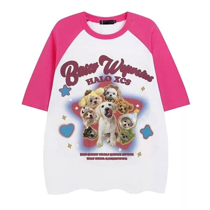 Puppy Oversized Graphic Tee - M / Pink - T-Shirts