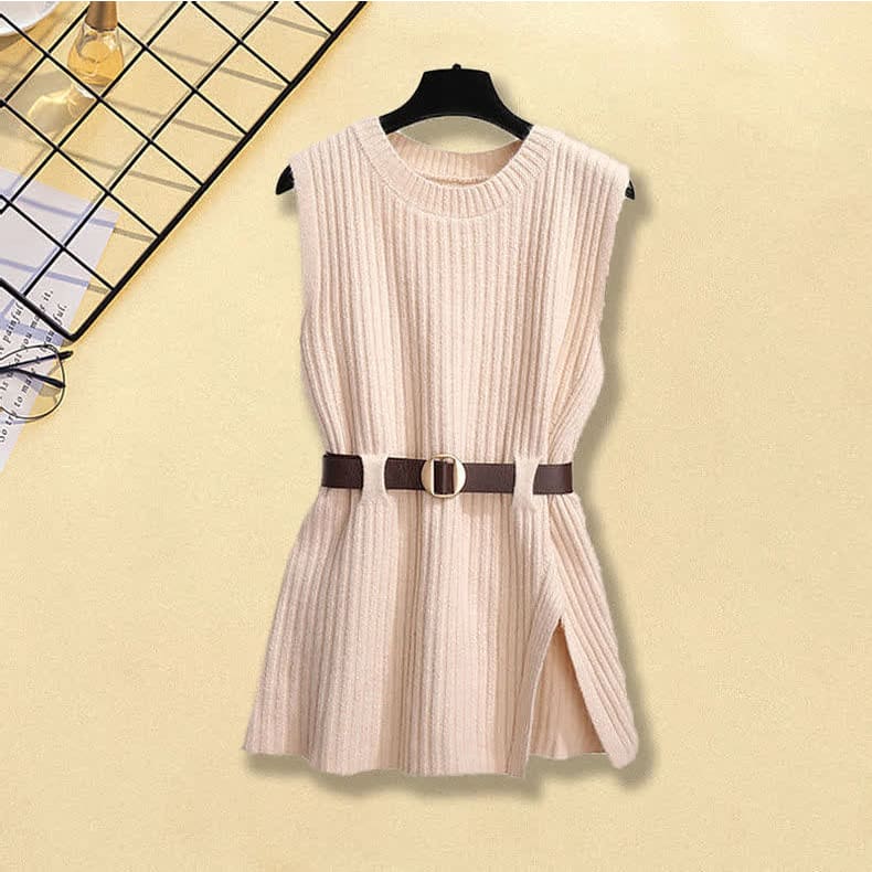 Pure Color Belted Vest Shirt Pants Three Piece Set