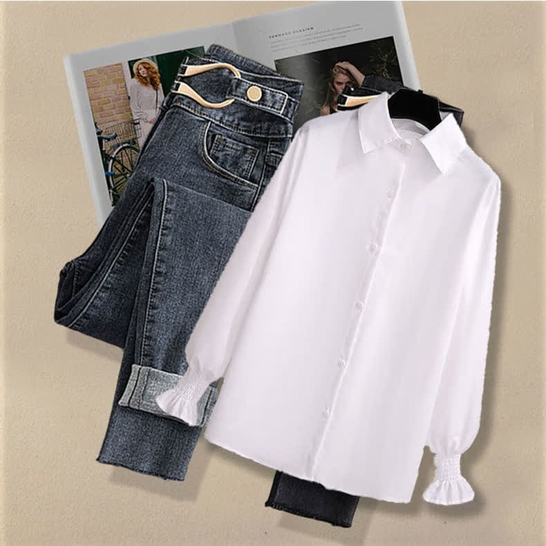 Pure Color Belted Vest Shirt Pants Three Piece Set