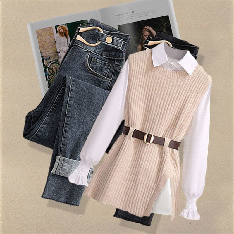 Pure Color Belted Vest Shirt Pants Three Piece Set