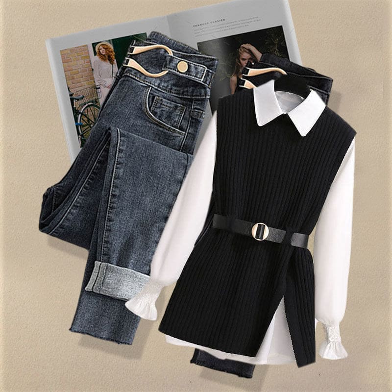 Pure Color Belted Vest Shirt Pants Three Piece Set
