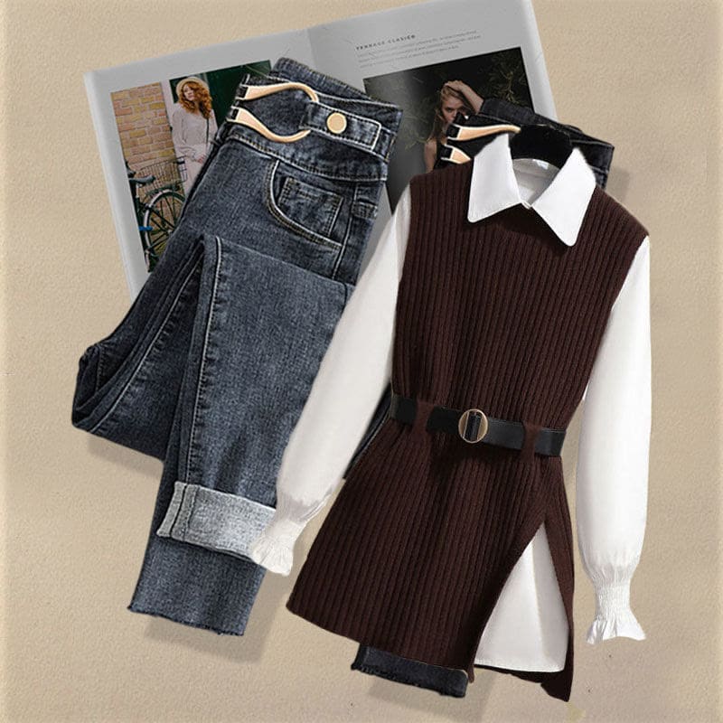 Pure Color Belted Vest Shirt Pants Three Piece Set