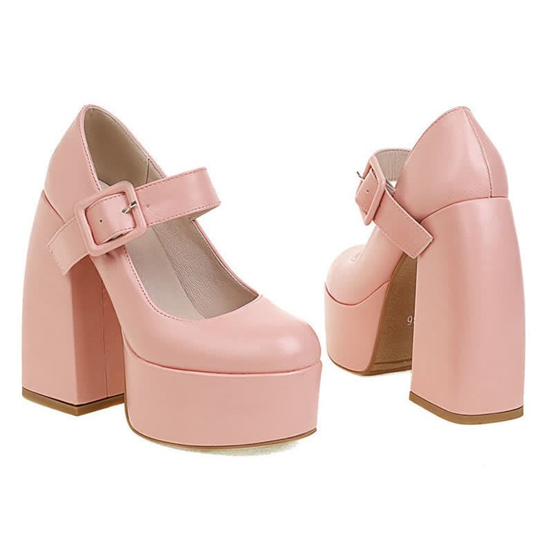 Pure Color Chunk High Heel Mary Janes Shoes