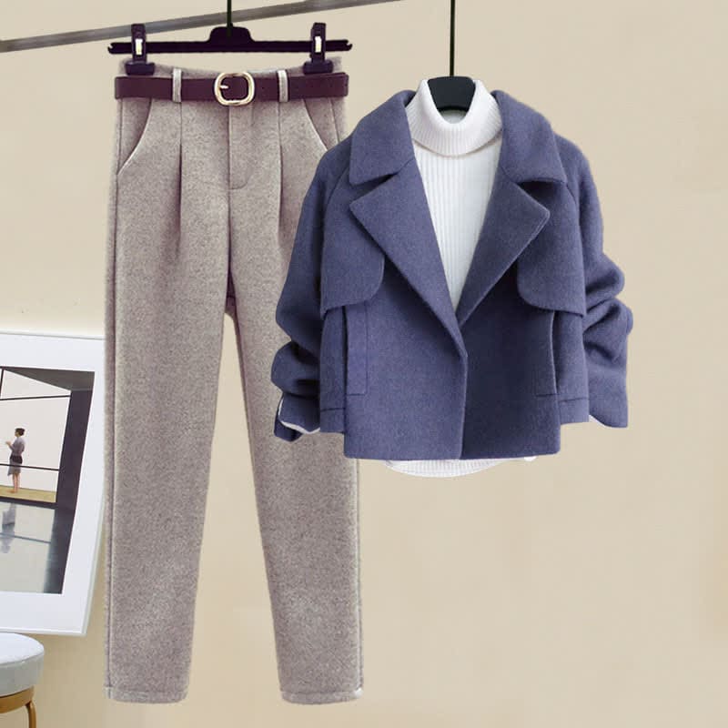 Pure Color Coat Turtleneck Sweater Loose Pants - Set B / M