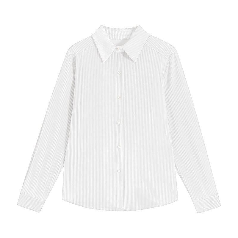 Pure Color Lapel Pleuche Shirt Workwear - White / M