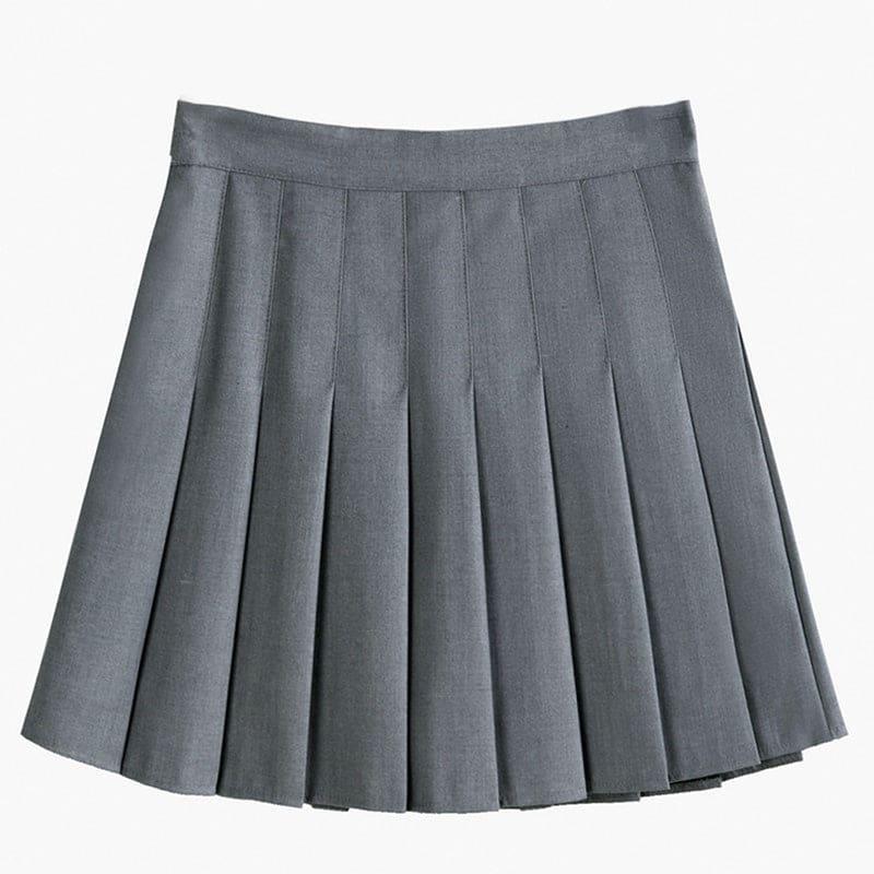 Pure Color Lapel T-Shirt Pleated Skirt Set - Skirt / S