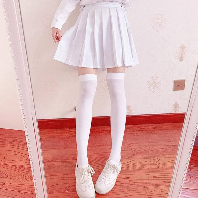 Pure Color Stripes Socks Long Over the Knee - White