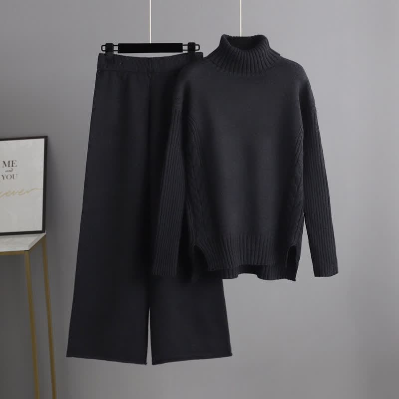 Pure Color Turtleneck Cable Sweater Wide Leg Pants Set