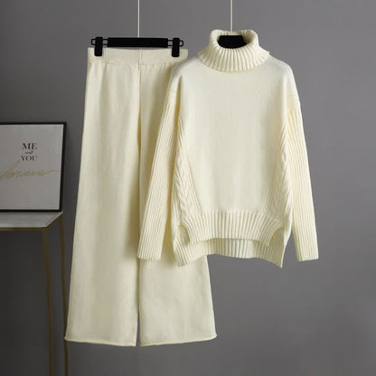 Pure Color Turtleneck Cable Sweater Wide Leg Pants Set