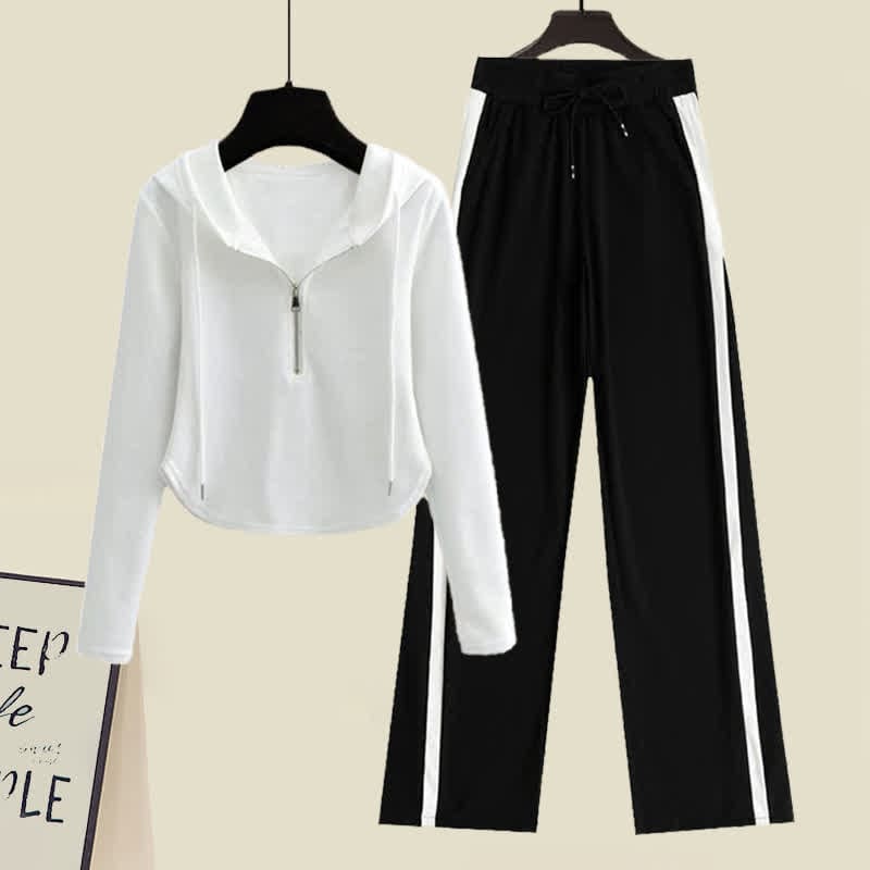 Pure Color Zipper Hoodie Black Pants Set - White Set / M