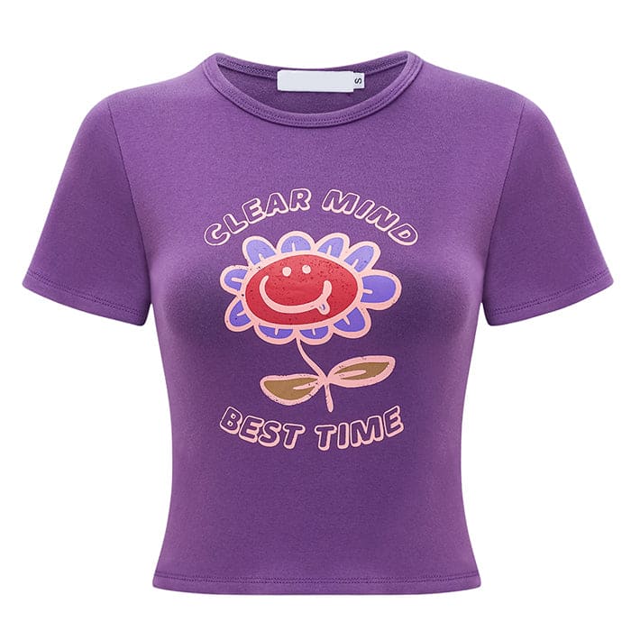 Purple Big Flowers Graphic Crop Top - S / Purple - Tops