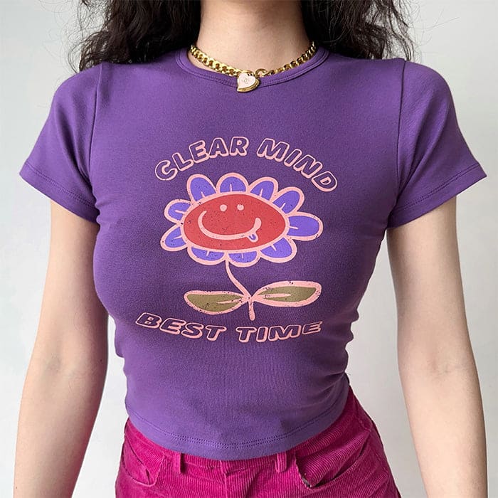 Purple Big Flowers Graphic Crop Top - Tops