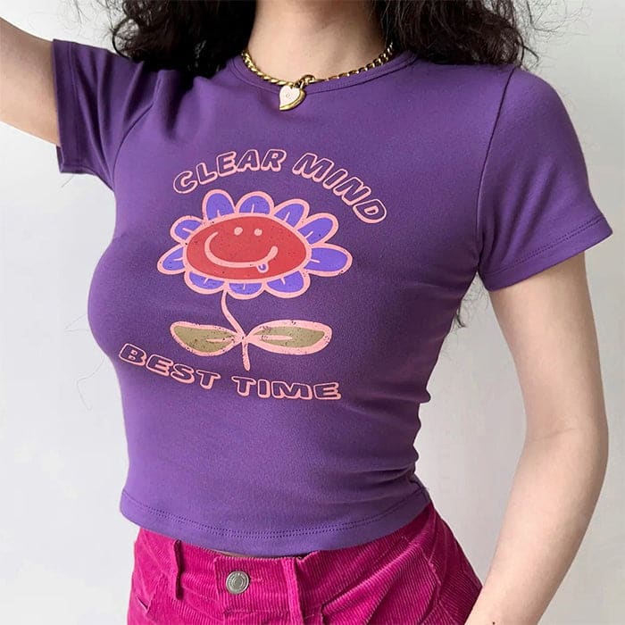 Purple Big Flowers Graphic Crop Top - Tops