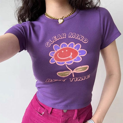 Purple Big Flowers Graphic Crop Top - Tops