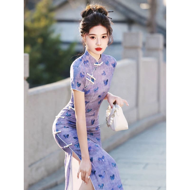 Purple Butterfly Cheongsam - Female Hanfu