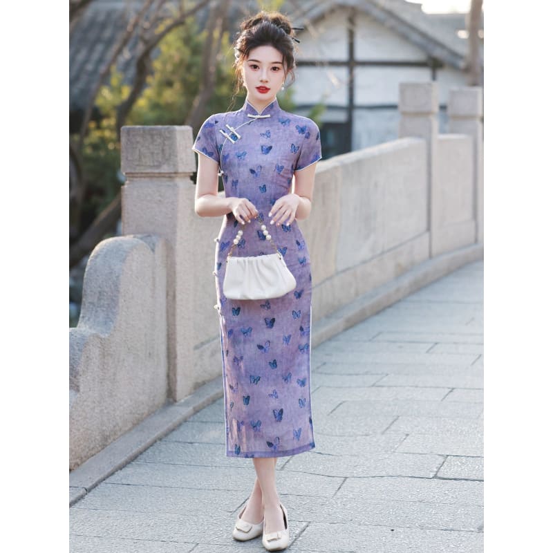 Purple Butterfly Cheongsam - Female Hanfu