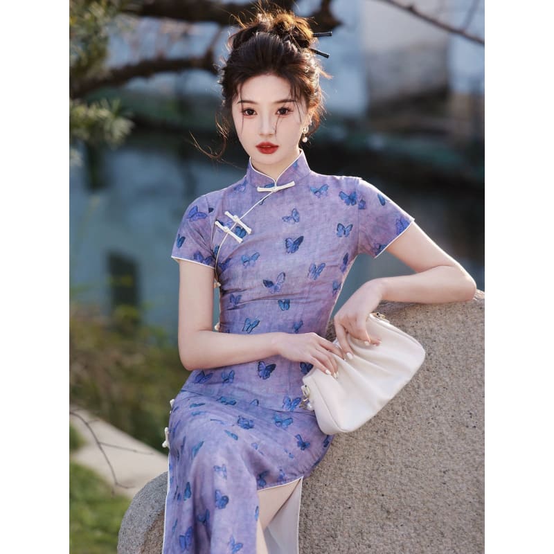 Purple Butterfly Cheongsam - Female Hanfu