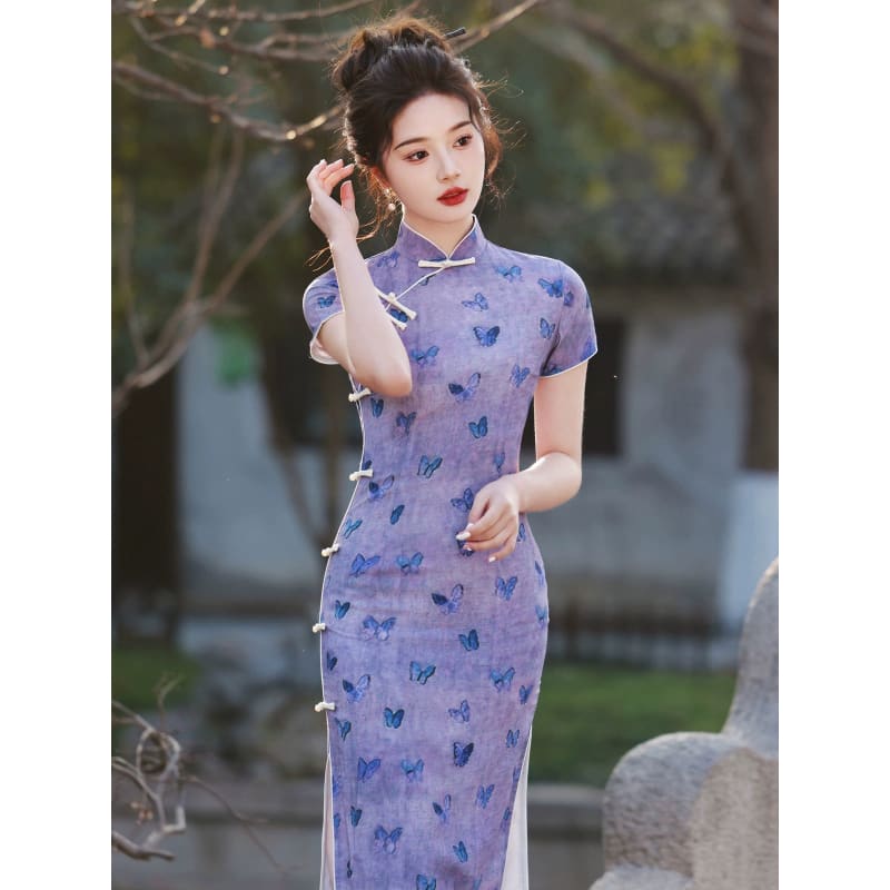 Purple Butterfly Cheongsam - S - Female Hanfu