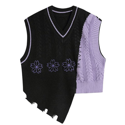 Purple Flowers Knit Vest - Free Size / Black/purple - Vest