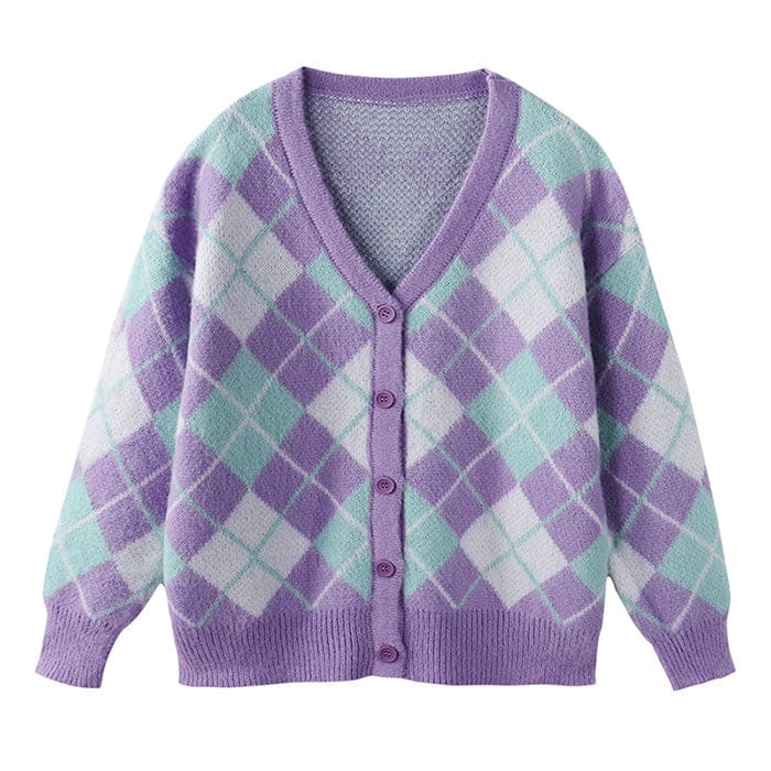 Purple Fuzzy Argyle Cardigan - Free Size / Purple - Cardigan