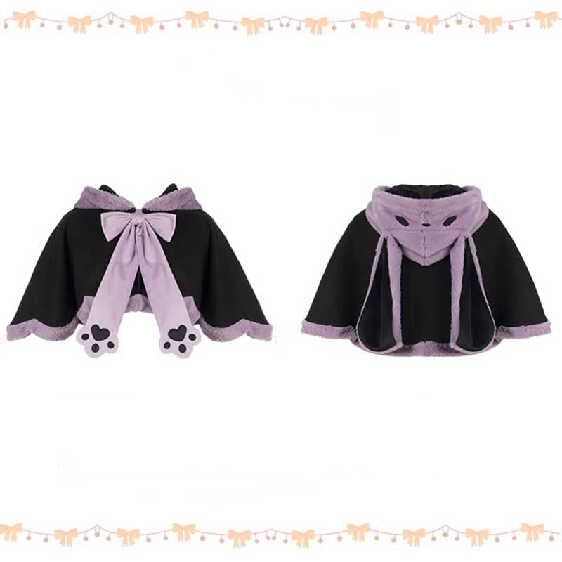 Purple Long Bunny Ears Hooded Bowknot Plush Short Cape