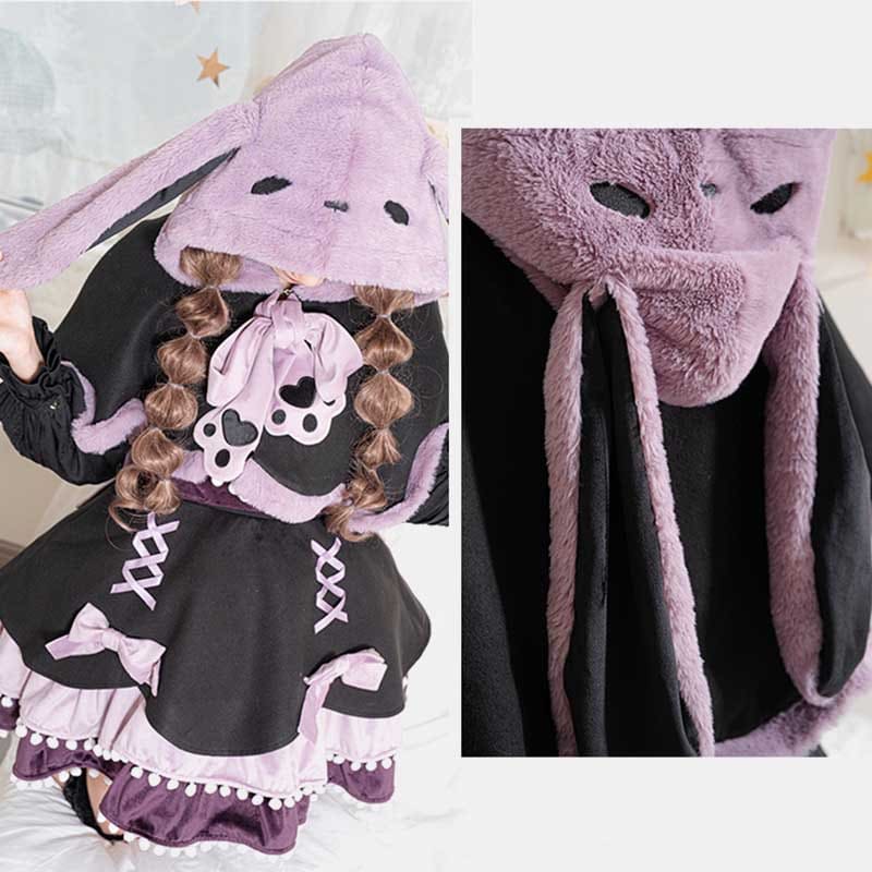 Purple Long Bunny Ears Hooded Bowknot Plush Short Cape