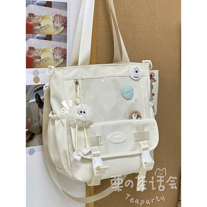 PVC Panel Buckled Tote Bag / Bag Charm / Set - With White