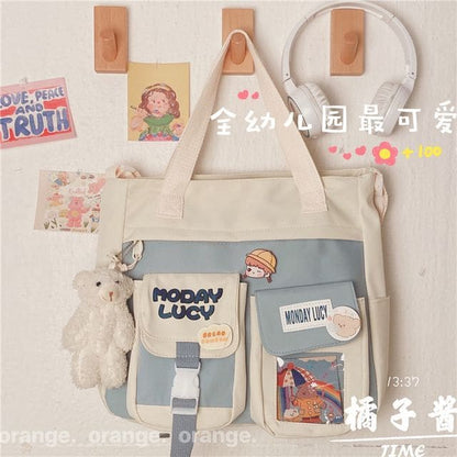 PVC Panel Canvas Tote Bag - With Blush Bear Charm & Badge &