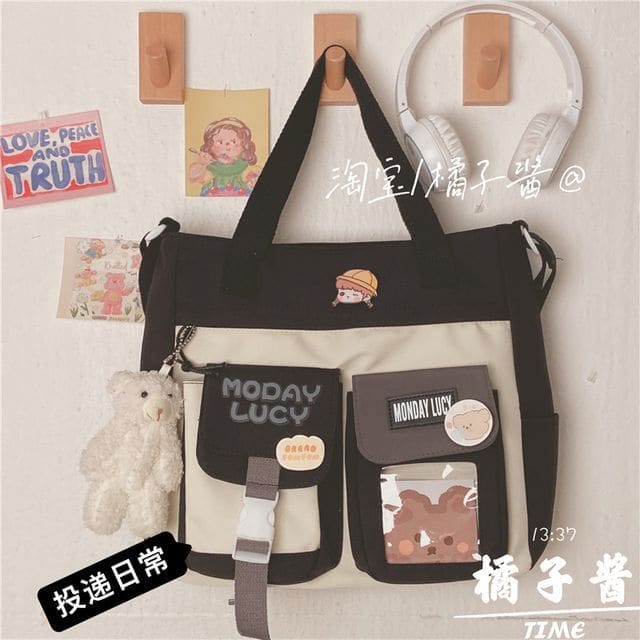 PVC Panel Canvas Tote Bag - With Blush Bear Charm & Badge &