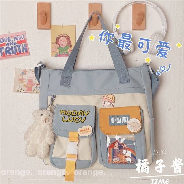 PVC Panel Canvas Tote Bag - With Blush Bear Charm & Badge &