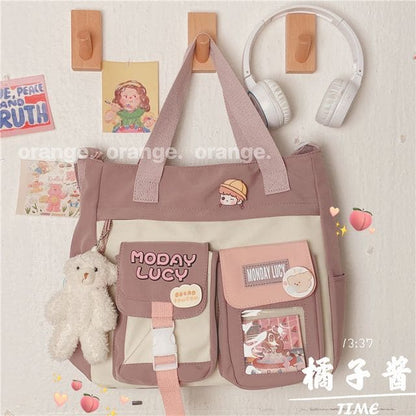 PVC Panel Canvas Tote Bag - With Blush Bear Charm & Badge &