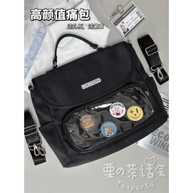 PVC Panel Flap Messenger Bag - Without Charm - Black