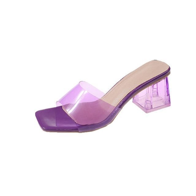 PVC Strap Chunky Heel Slide Sandals - Purple / 34