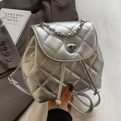 Quilted Drawstring Flap Backpack - Silver / One Size