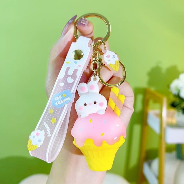 Rabbit Ice Cream Bag Charm Keyring - Pink / One Size