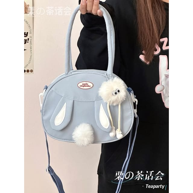 Rabbit Pom Pom Tote Bag - With White Ball Charm - Blue / S