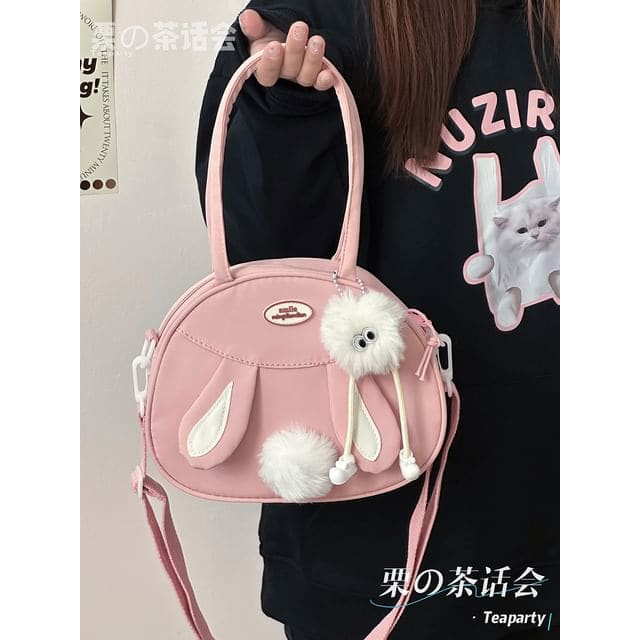 Rabbit Pom Pom Tote Bag - With White Ball Charm - Pink / S