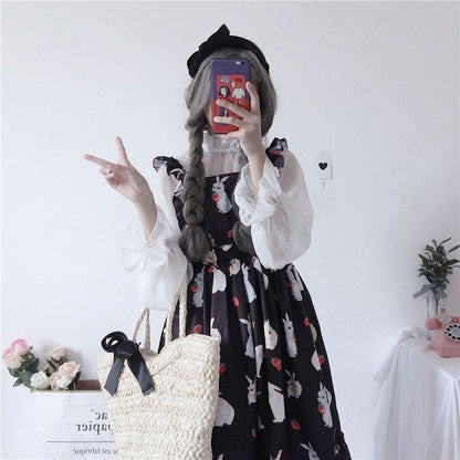 Rabbit Print Lolita Apron A-line Dress / Sheer Dotted Mesh